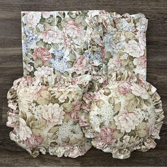 Cuddledown Floral Cotton Twin Duvet Cover Standard Sham Ruffle Throw Pillows Set - Picture 1 of 15